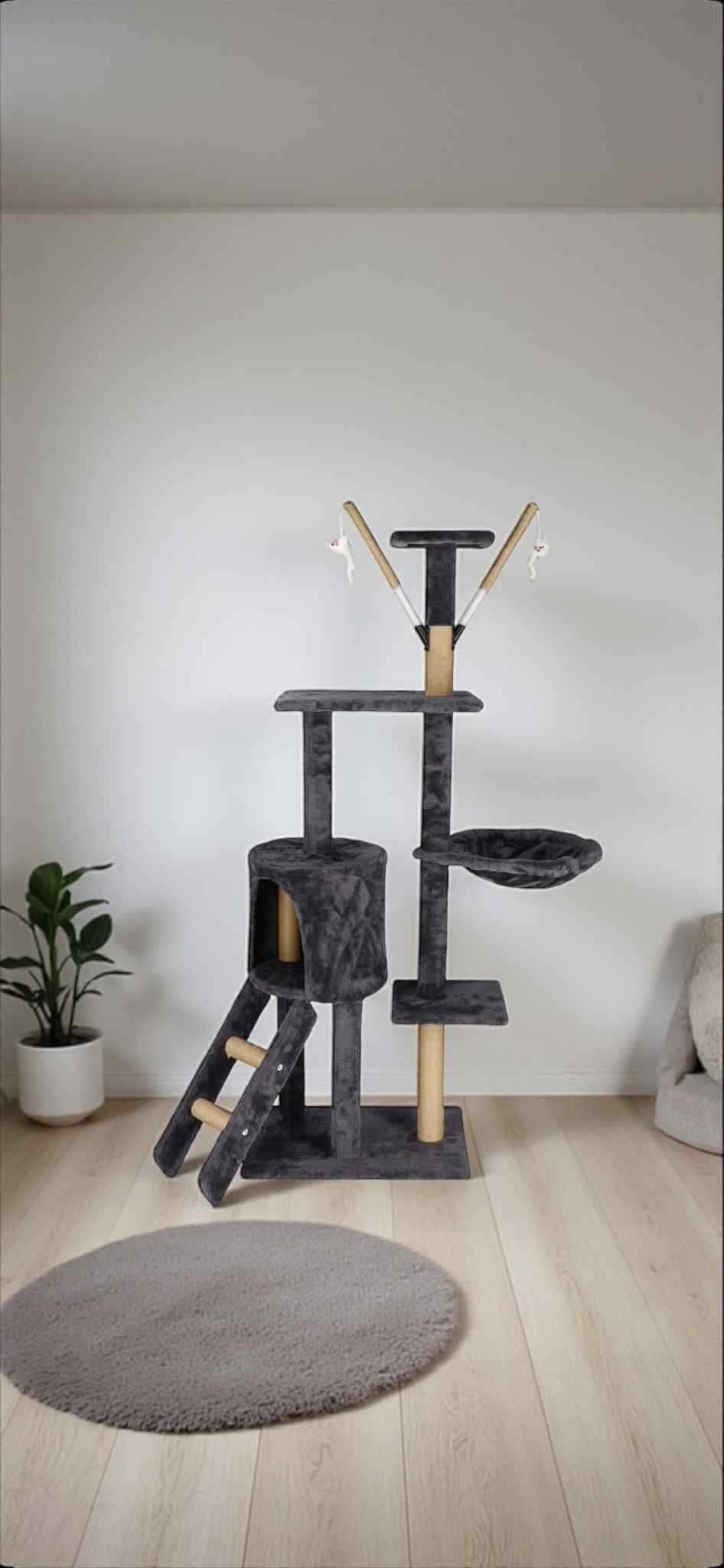 Drapak z domkiem i platformami – 142 cm, grafitowy, Springos