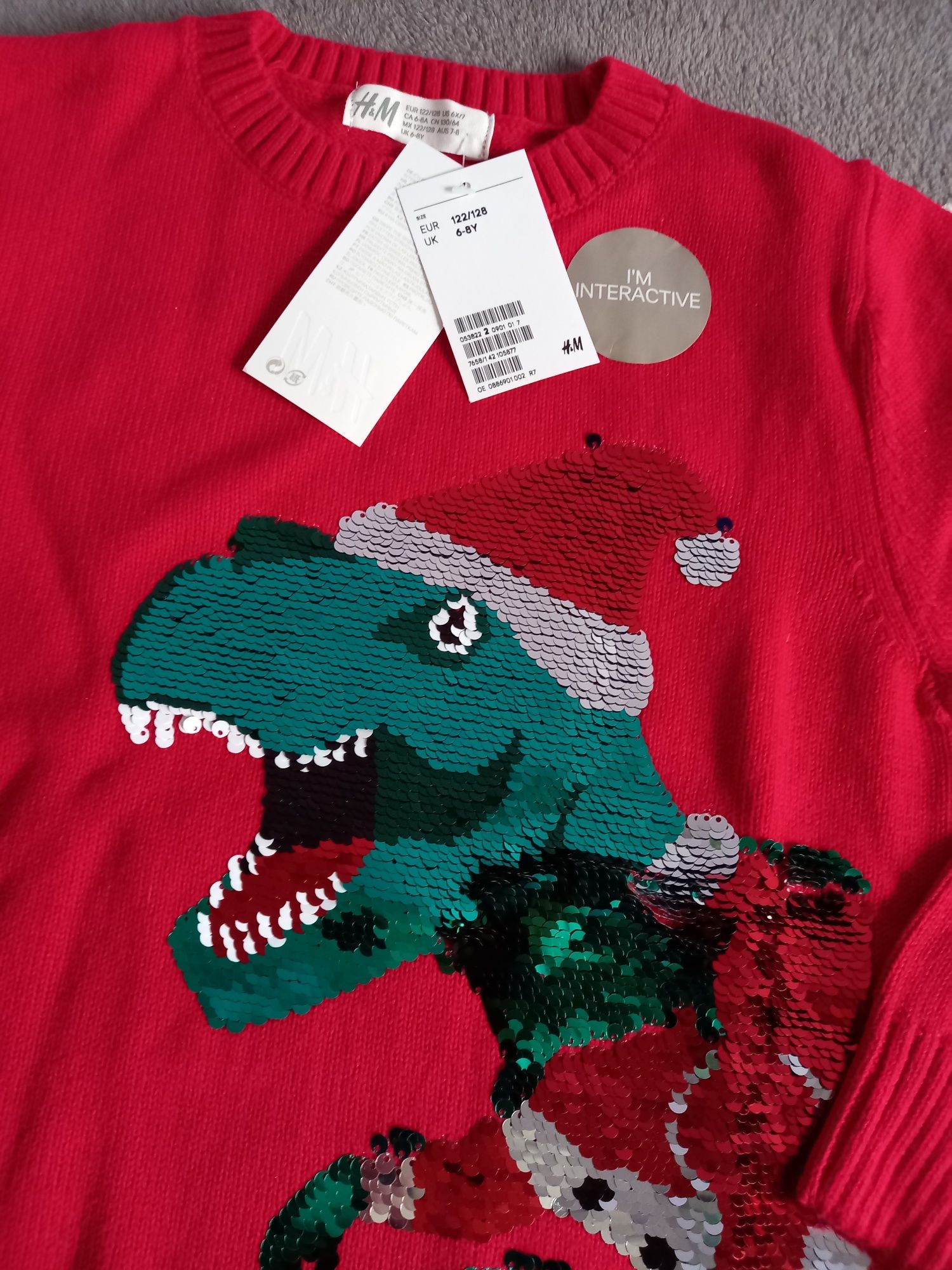 NOWY sweter bluza h&m hm 122 128 dinozaur dinozaury mikołaj święta