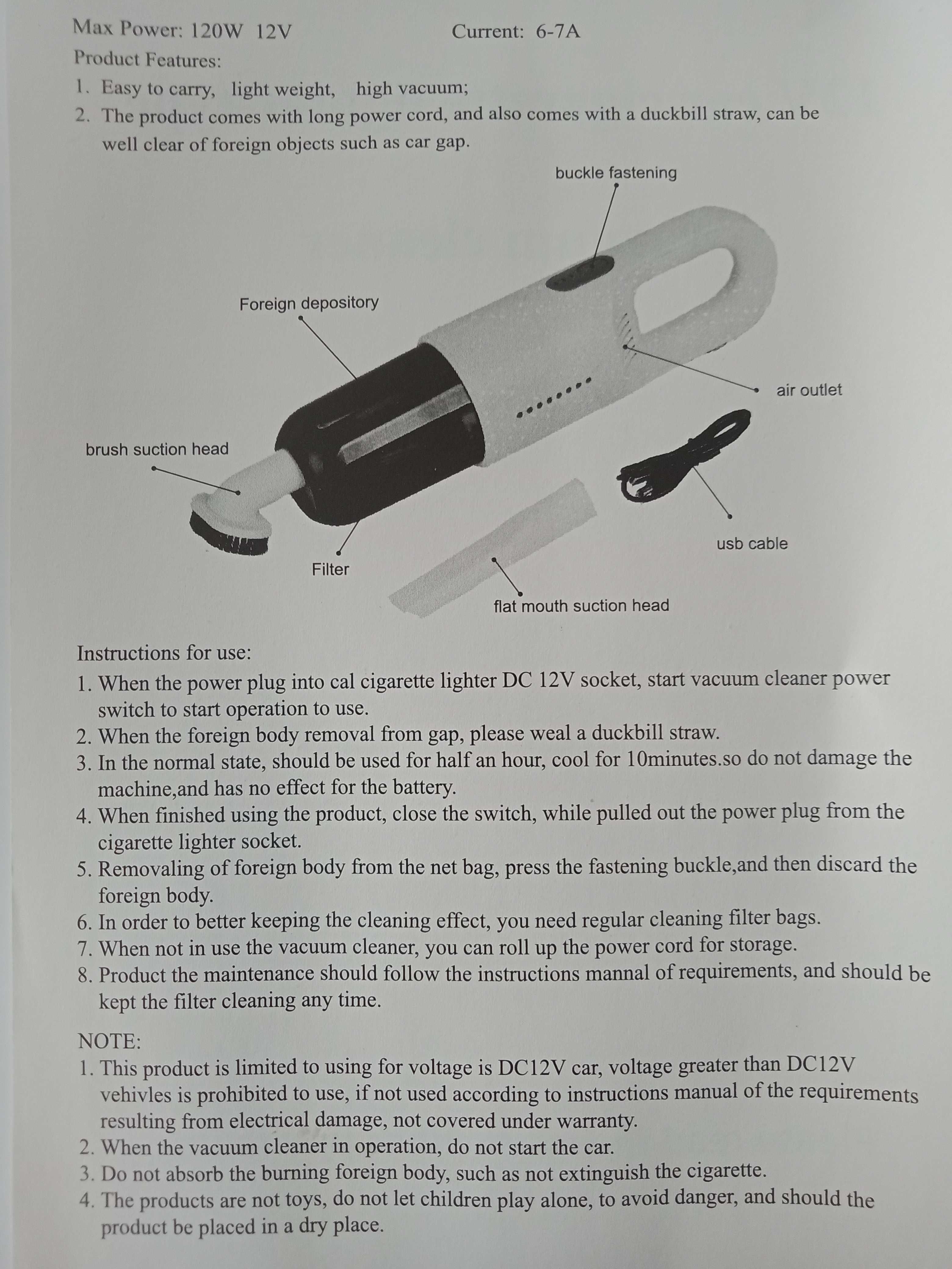 Odkurzacz samochodowy - NOWY 120W 12V - kabel 3m - OSTATNIE sztuki