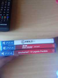 Jogo ps4 FIFA 21, gran turismo sports, uncharted legado perdido