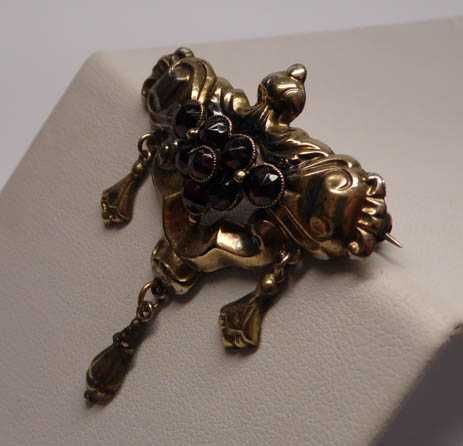 XIX w. złoto srebrna broszka granaty rozety ruchome ozdoby.