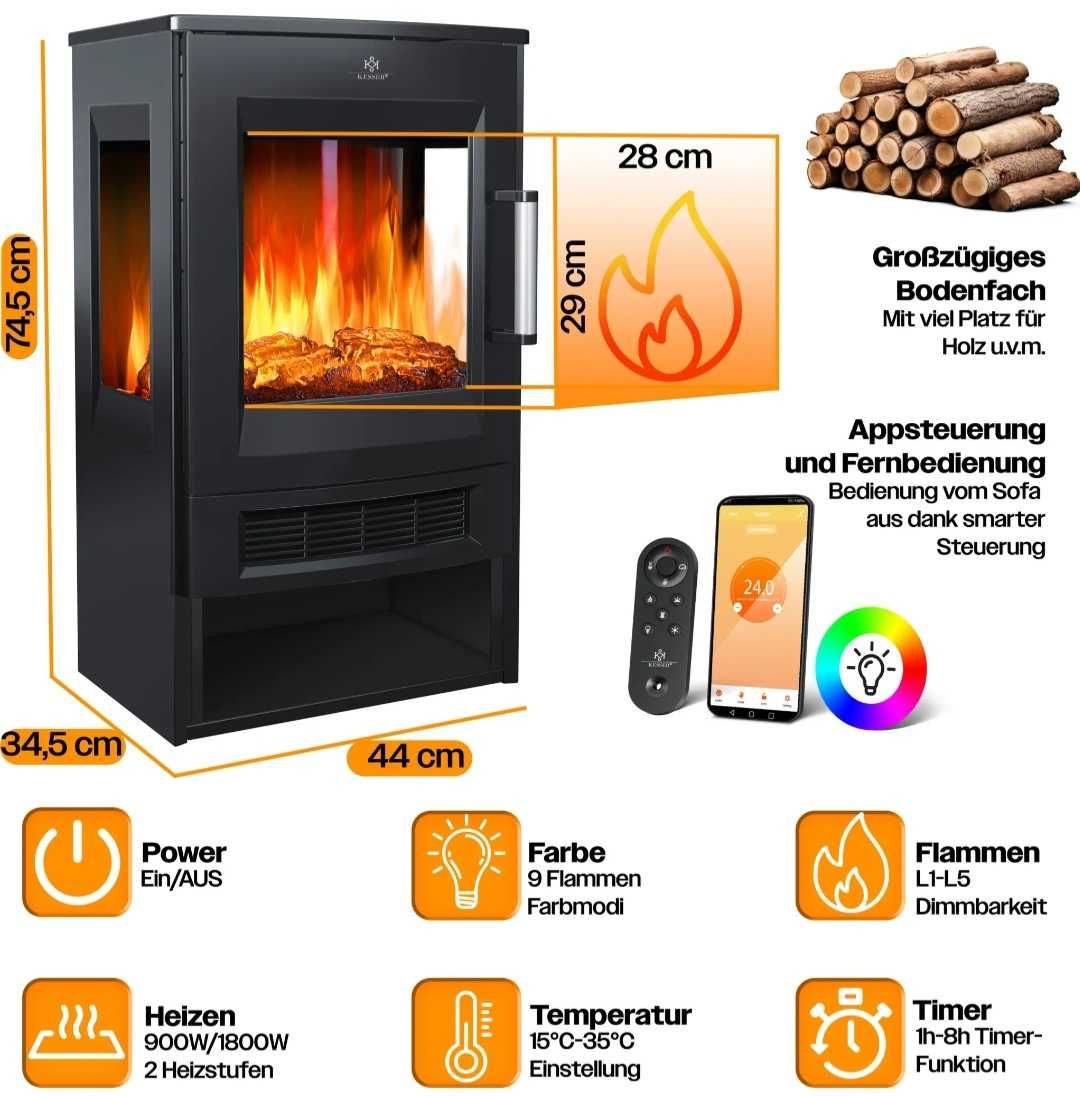 Kominek elektryczny stojący z funkcją smart WiFi KESSER 900/2000 W