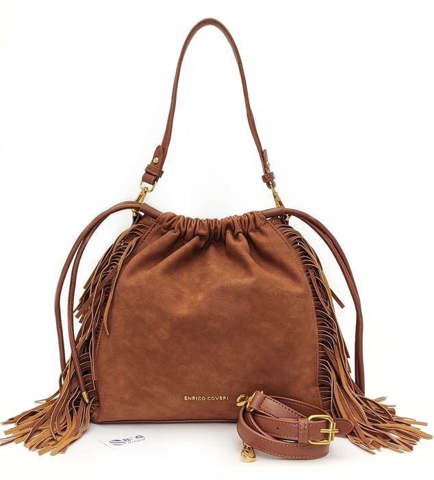 Elegancka Torebka Listonoszka Worek z Frędzlami Styl Boho Western Brąz