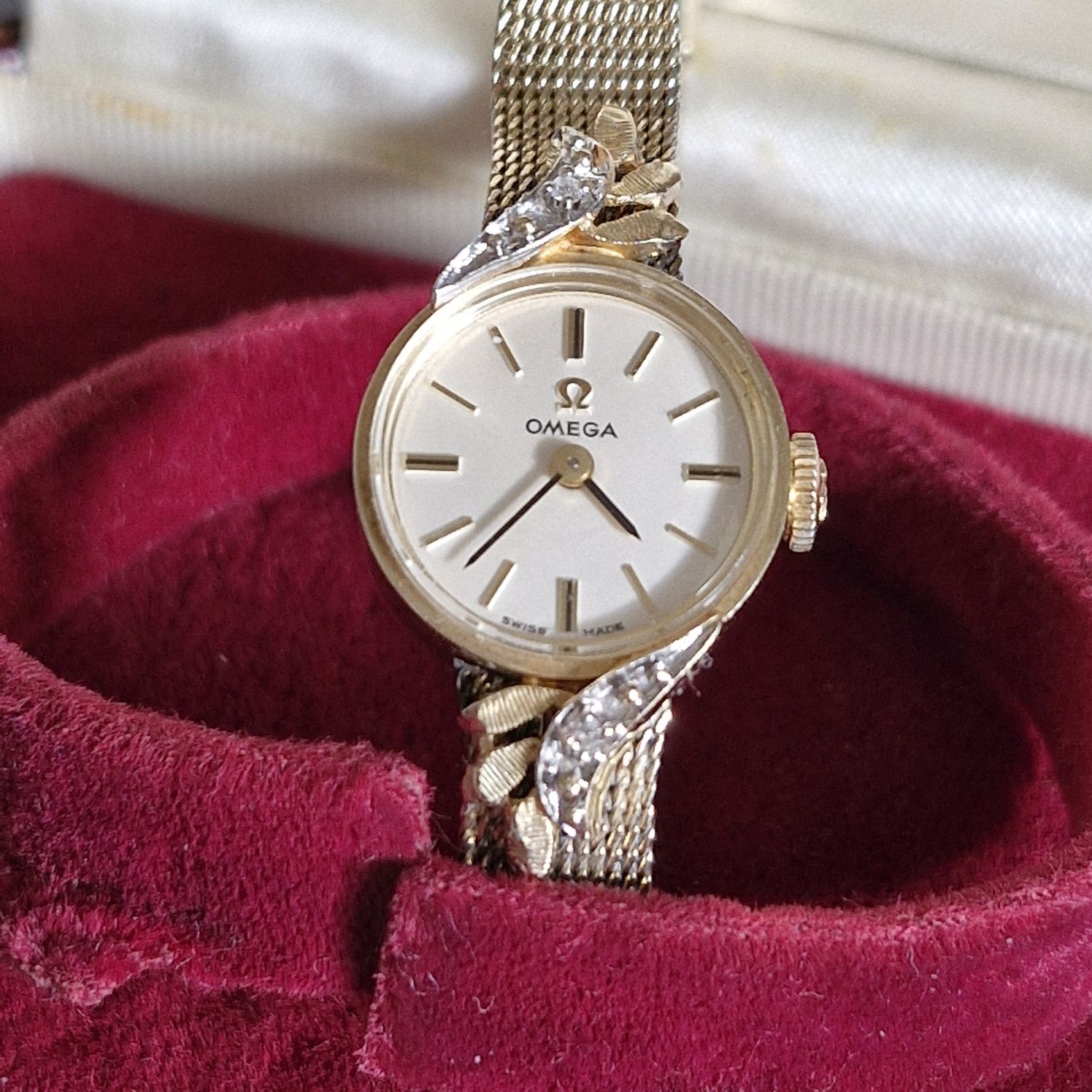 Retro złoty 14k zegarek damski Omega diamenty bransoletka 18 cm
