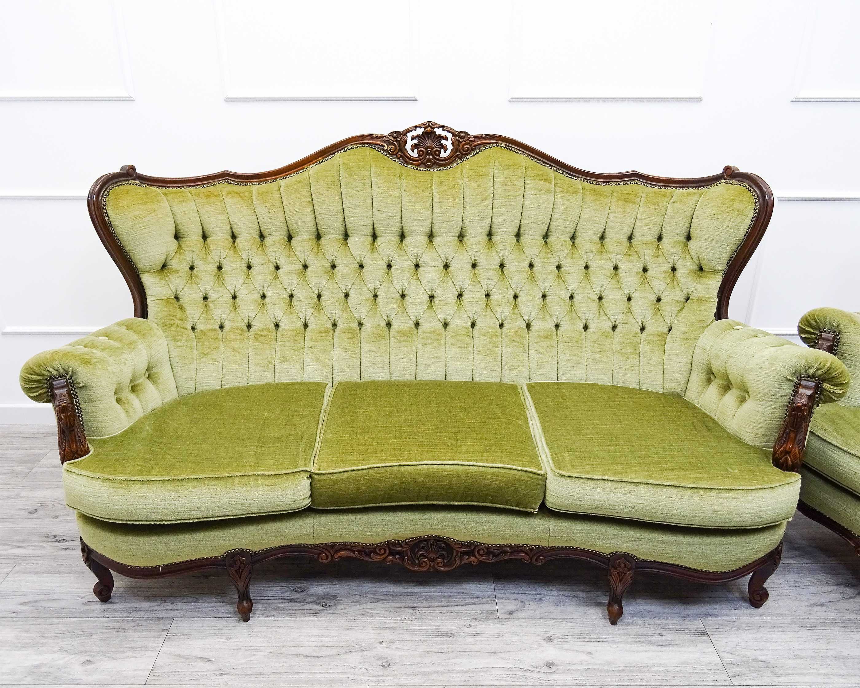 Meble do SALONU Komplet Ludwik PIKOWANA Kanapa SOFA buk PLUSZ oliwkowy