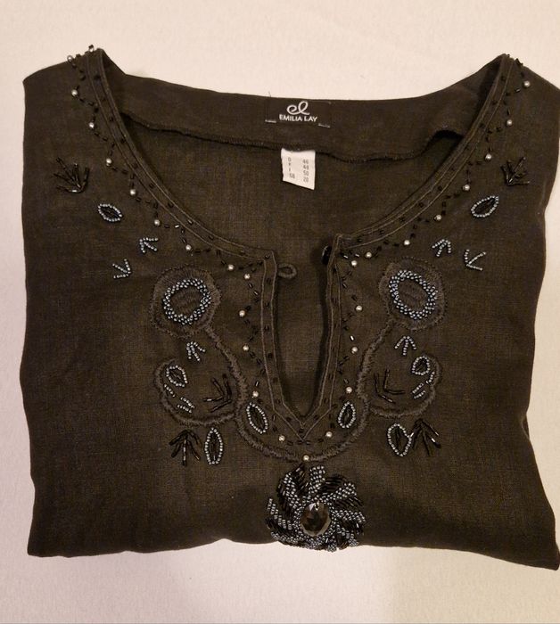 TUNIKA z lnu 100 % indyjska  XXL luźna czarna koraliki haft jak nowa