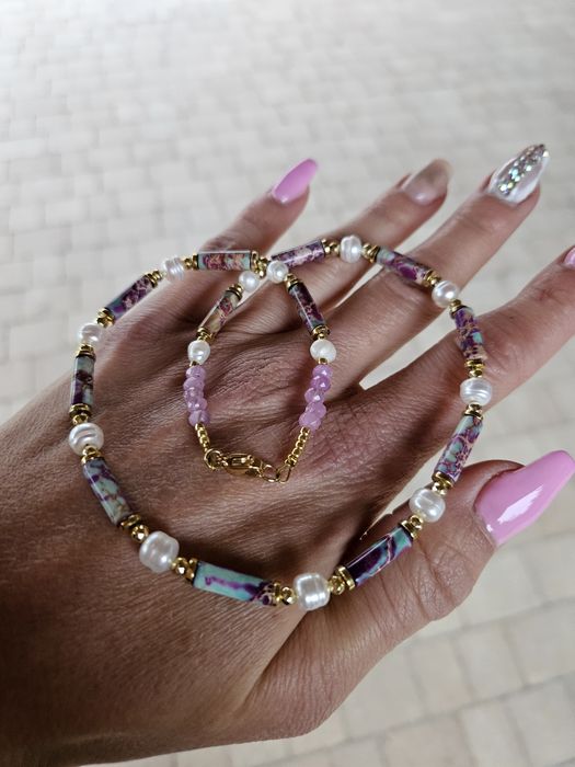 Naszyjnik kamienie naturalne Perły naturalne Jaspis Cesarski Hematyt