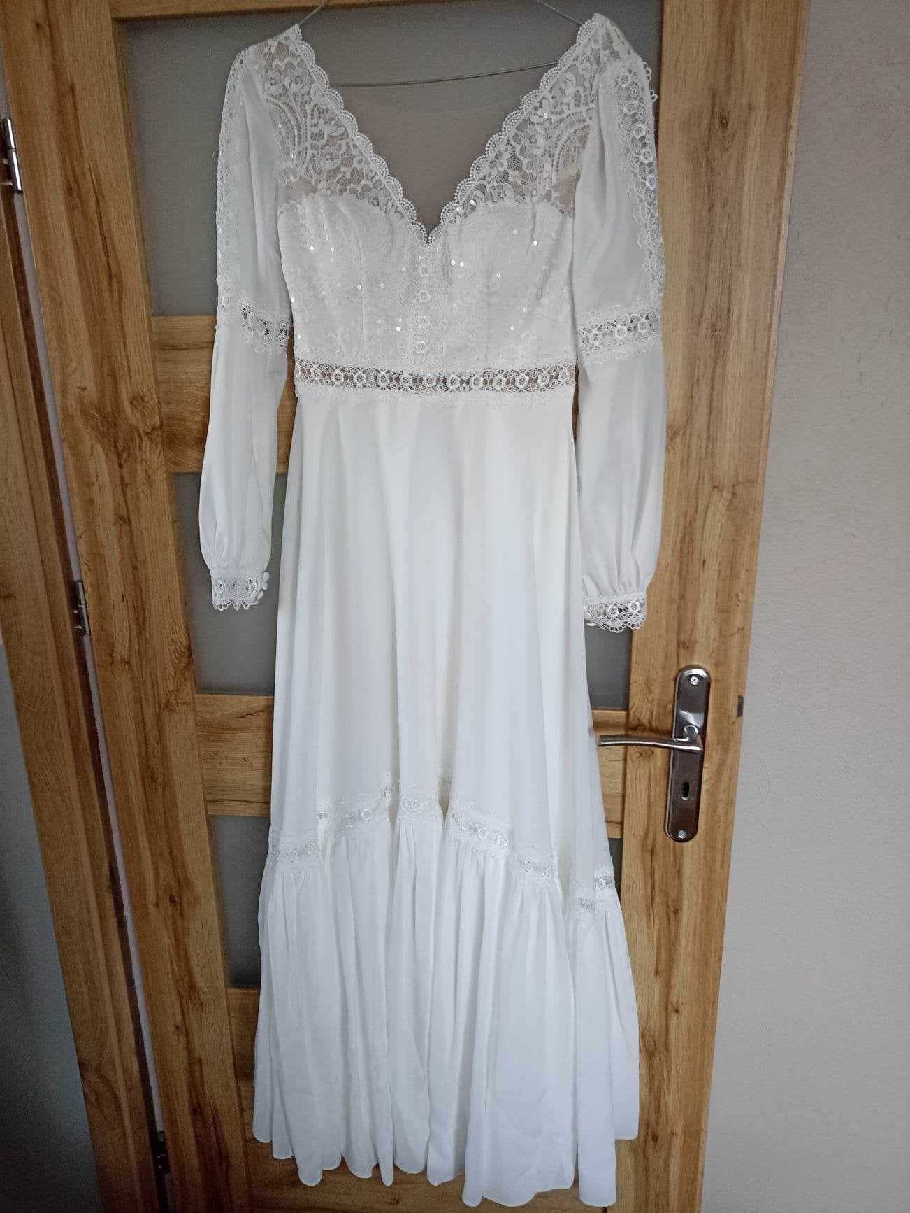 Suknia ślubna długi rękaw boho rustykalna elegancka 34/XS na niską os.