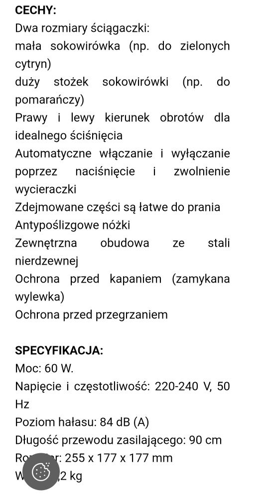 Wyciskarka do cytrusów 
Nierdzewna obudowa zewnętrzna
Praca dwustronna