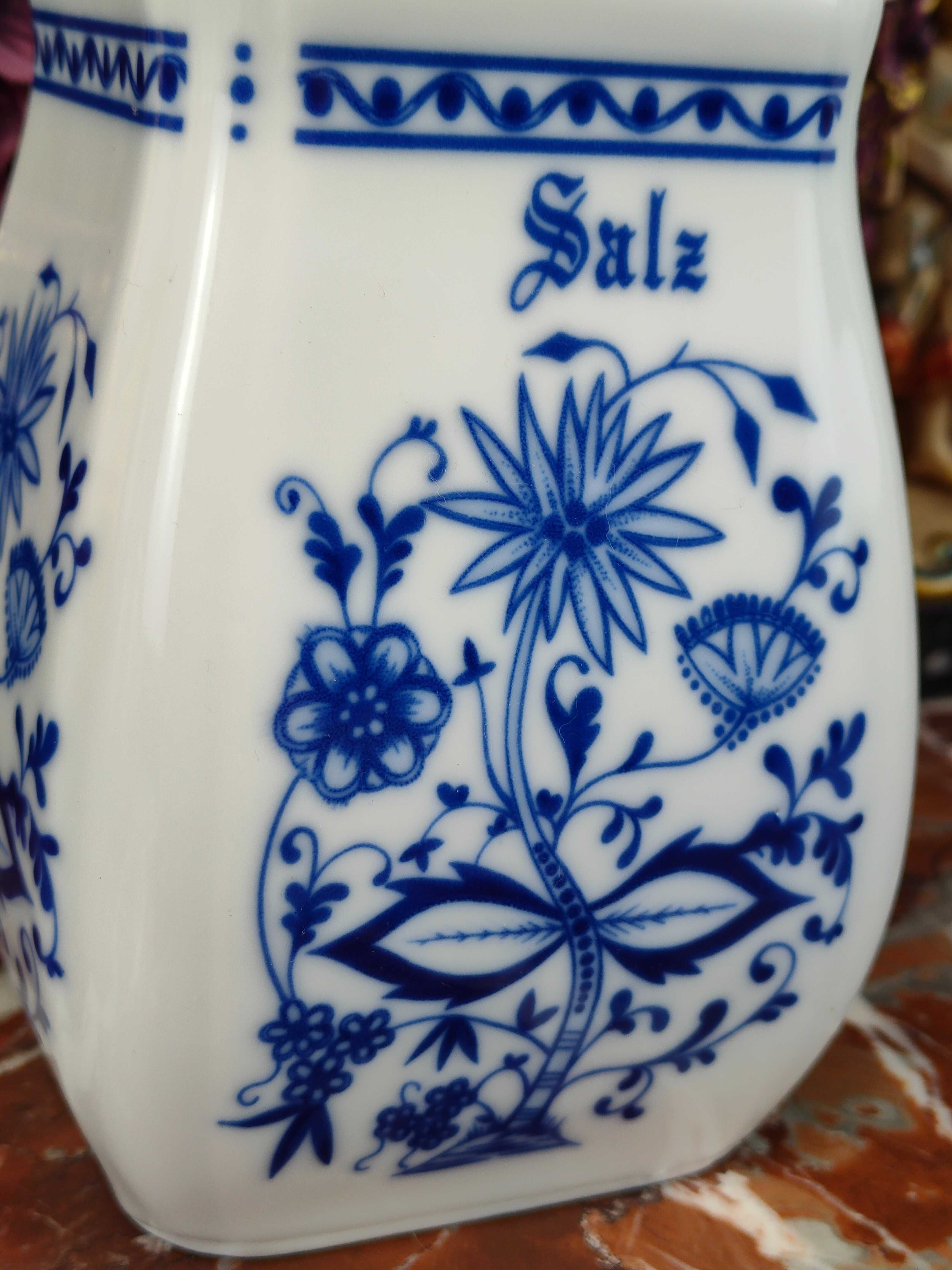 Śliczny duży porcelanowy pojemnik na sól - Wzór Cebulowy - 800 ml