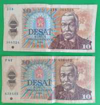Dwa banknoty 10 koron czechosłowackich z 1986 roku