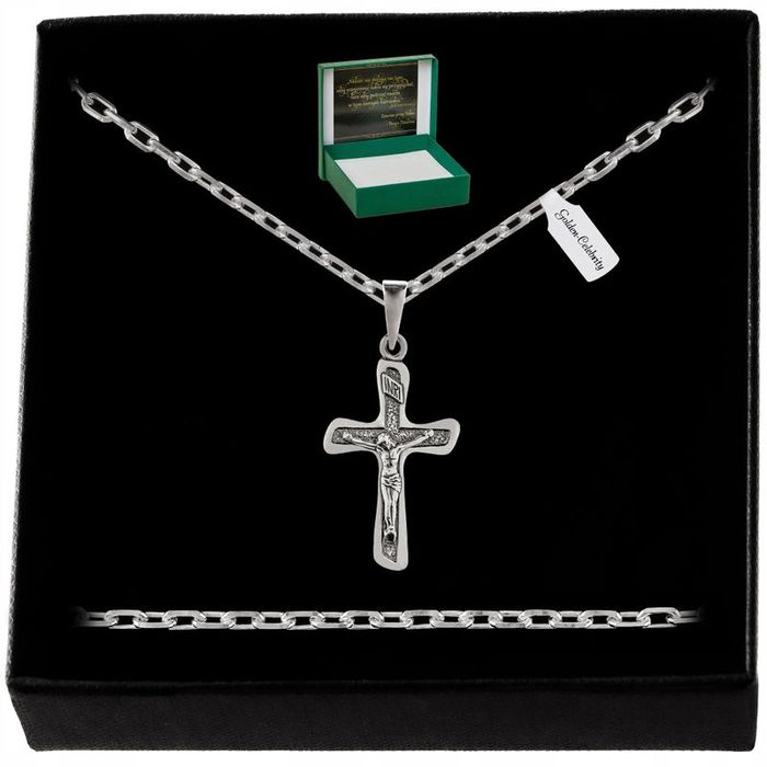 Błyszczący Srebrny Łańcuszek 925 + Duży Krzyżyk Jezus + Grawer / Na Pr