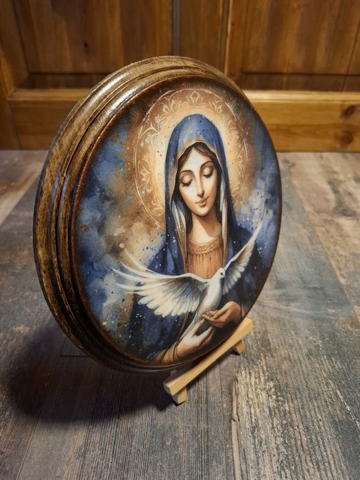 Obrazek na ścianę ręcznie zdobiony na prezent Bierzmowanie MB z gołębi