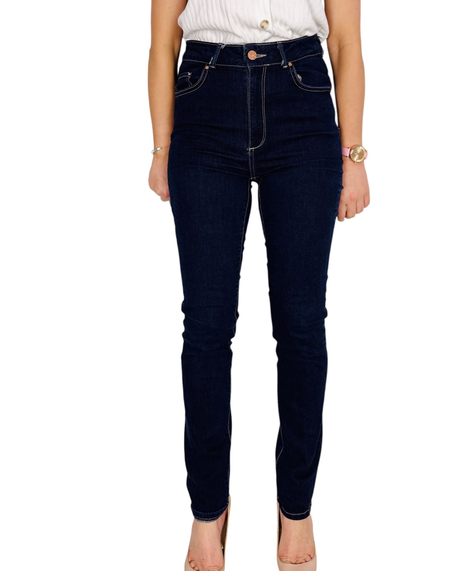 Granatowe jeansowe spodnie rurki z wysokim stanem M 38 Never Denim