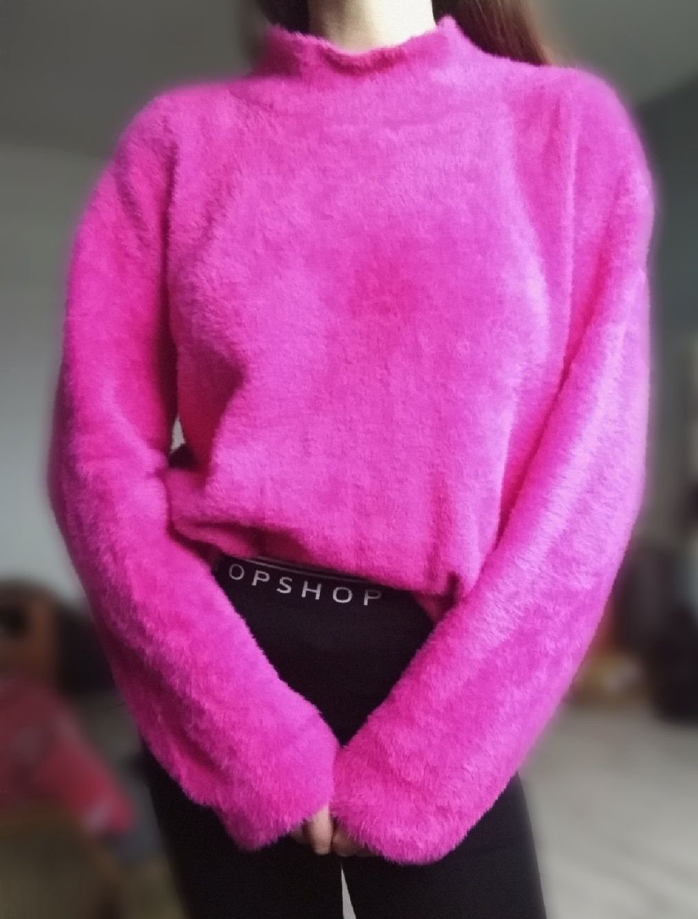 Różowy sweter fluffy Cocomore sweter z półgolfem 36 38 oversize