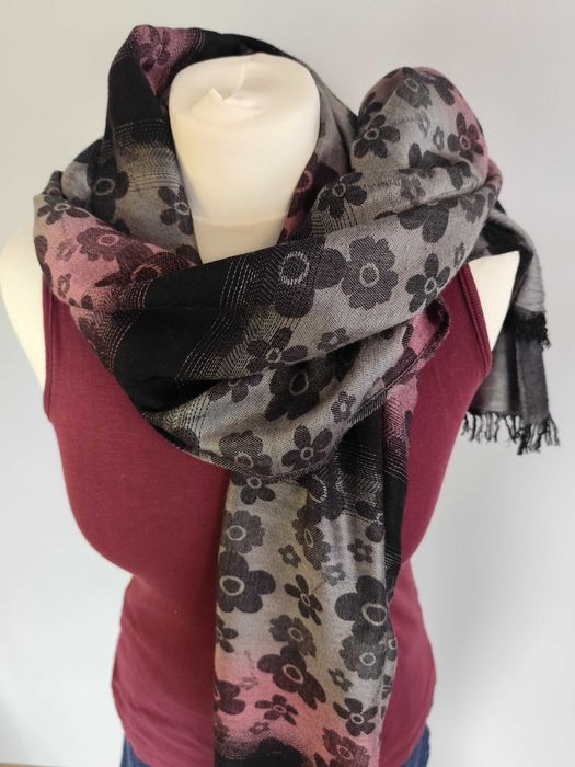 Długi szal w kwiaty Pashmina, kaszmirowy szalik, 70x180cm