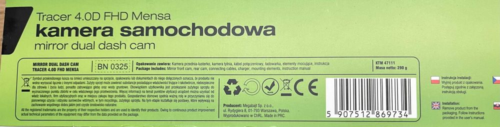 Wideorejestrator  Kamera Cofania TRACER 4.0D FHD MENSA 100% NOWY