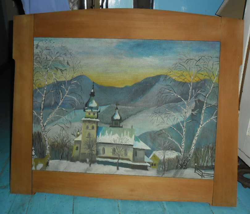 Obraz olejny Rabka Zdrój - zimą-w pieknej drewnianej starej ramie