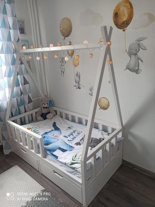 Łóżko dla dziecka Tipi jak domek drewniane sosna handmade z materacem