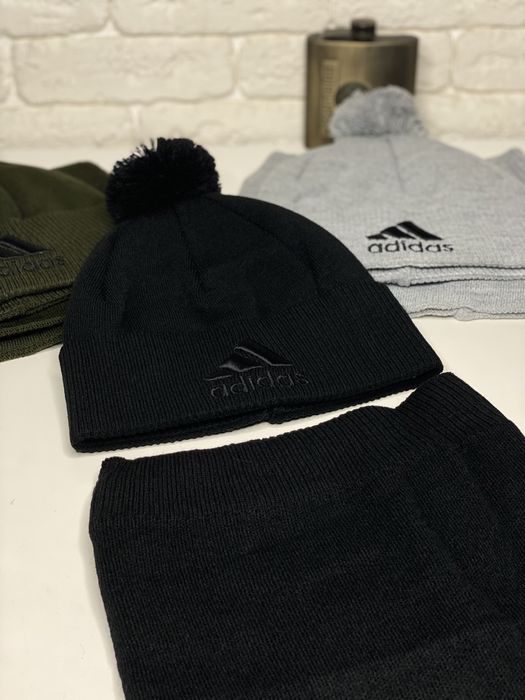 Чоловіча зимова ШАПКА+БАФФ ADIDAS комплект НА ФЛІСІ шапка з помпоном