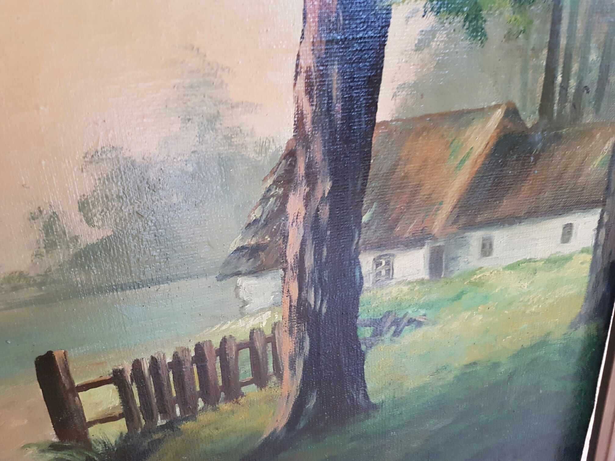 Obraz DUŻY malowany na płótnie PEJZAŻ WIEJSKI w ramie 104x85cm