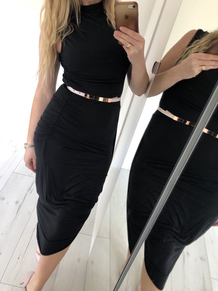 H&m czarna sukienka maxi midi dluga asymtrryczna wiskoza 34 xs