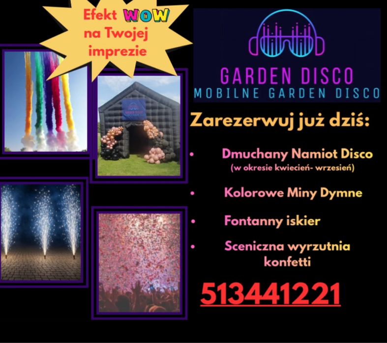Dmuchany Namiot Disco, Kolorowe Miny Dymne, Fontanny Iskier, Confetti