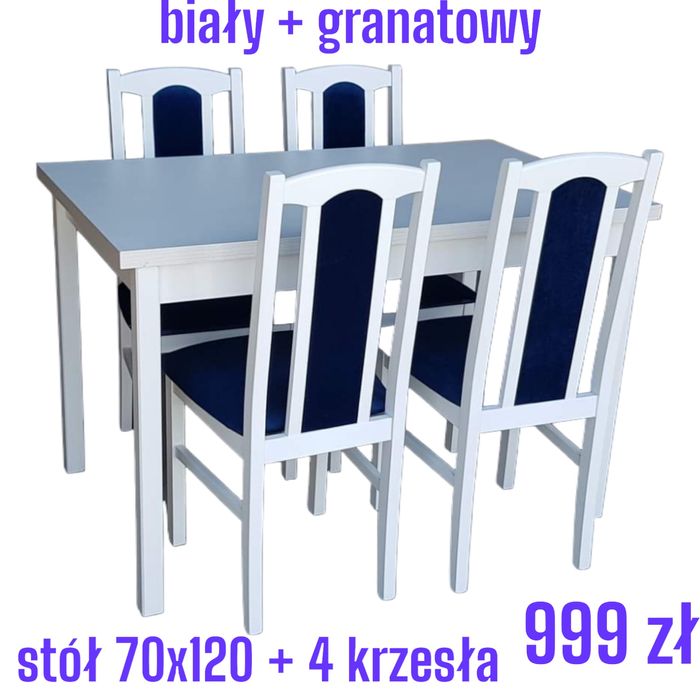 Nowe : STÓŁ + 4 KRZESŁA , Biały + granat , dostawa cała POLSKA