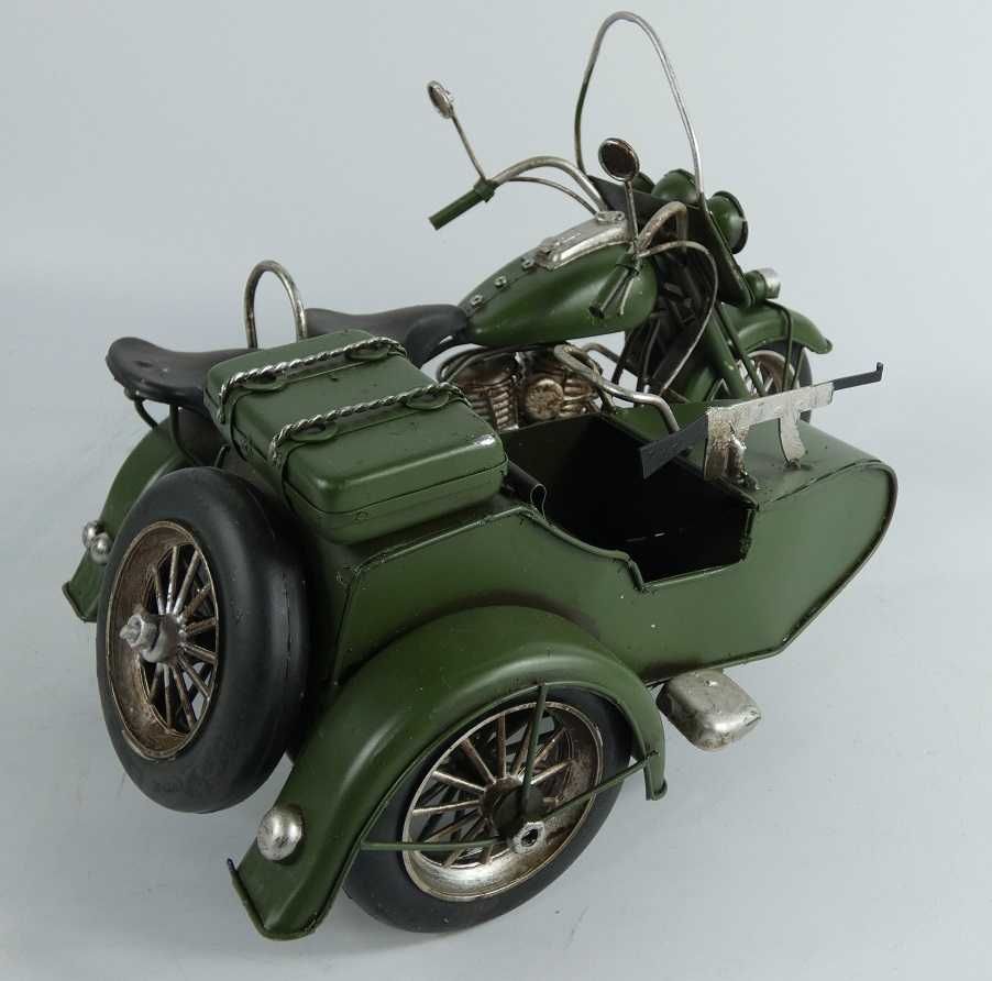 Wojskowy Metalowy MOTOCYKL z koszem zielony karabin RETRO pojazd motor