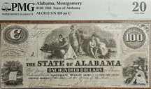 100 Dollar 1864 Obsolete Currency National The State of Alabama PMG 20