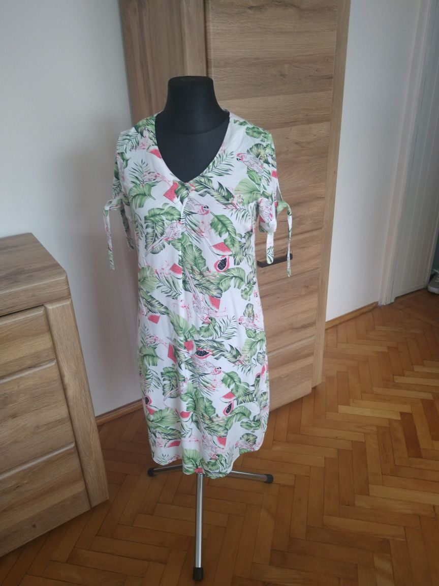 Letnia sukienka w liście monstery i arbuzy esmara 36