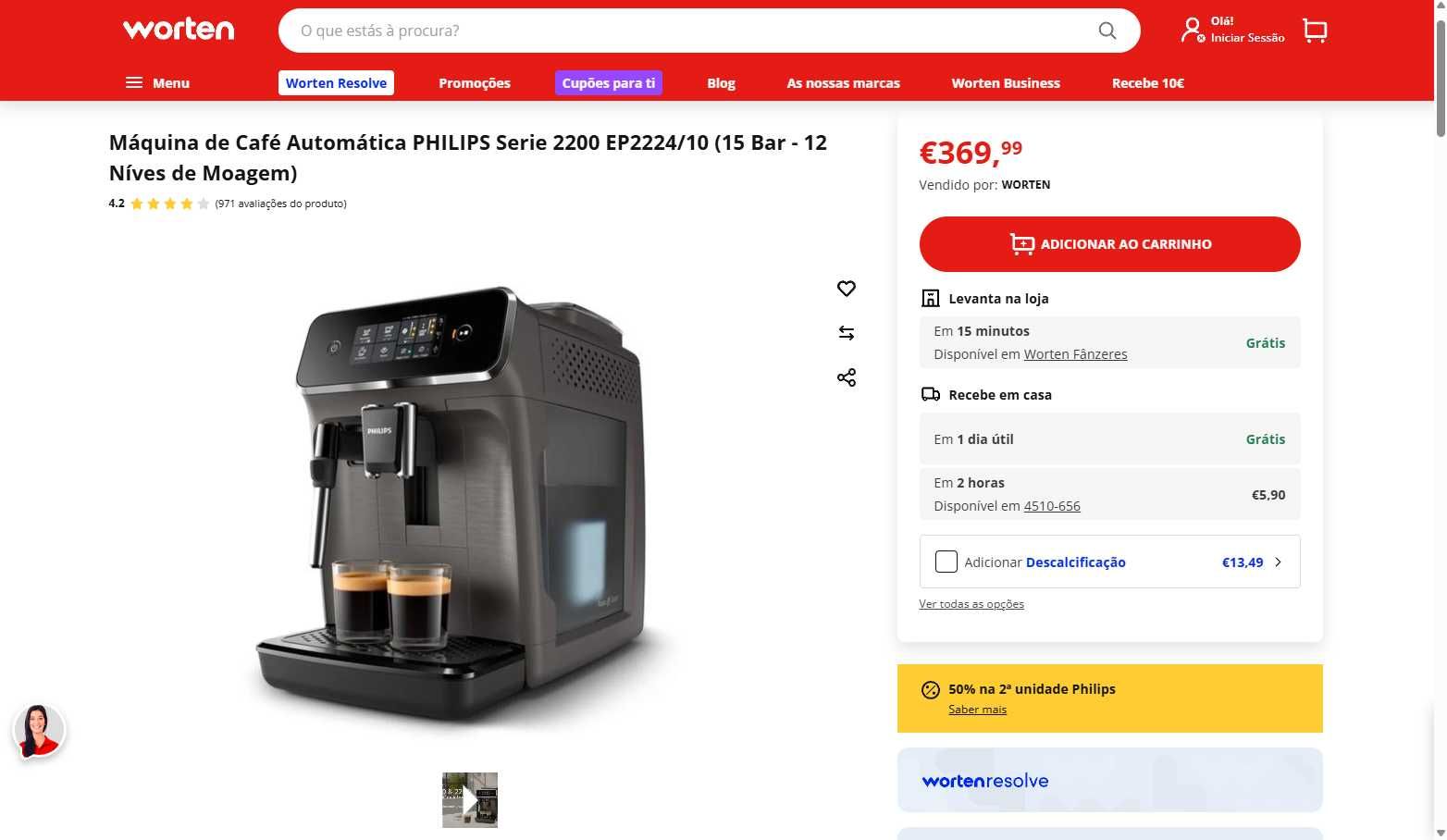 Máquina de Café Automática PHILIPS Serie 2200 EP2224/10
