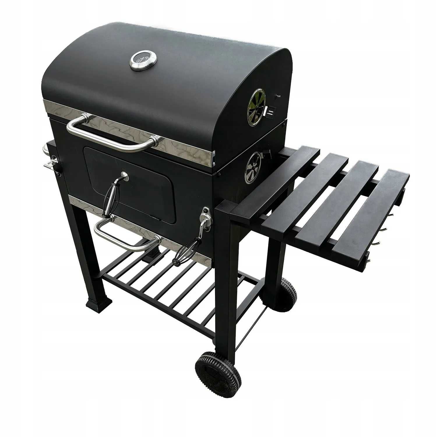 Duży grill węglowy żeliwny ruszt solidny trwały kółka półki termometr