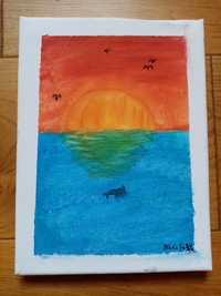 Obraz zachod słońca, farba akrylowa 18cm x 24cm