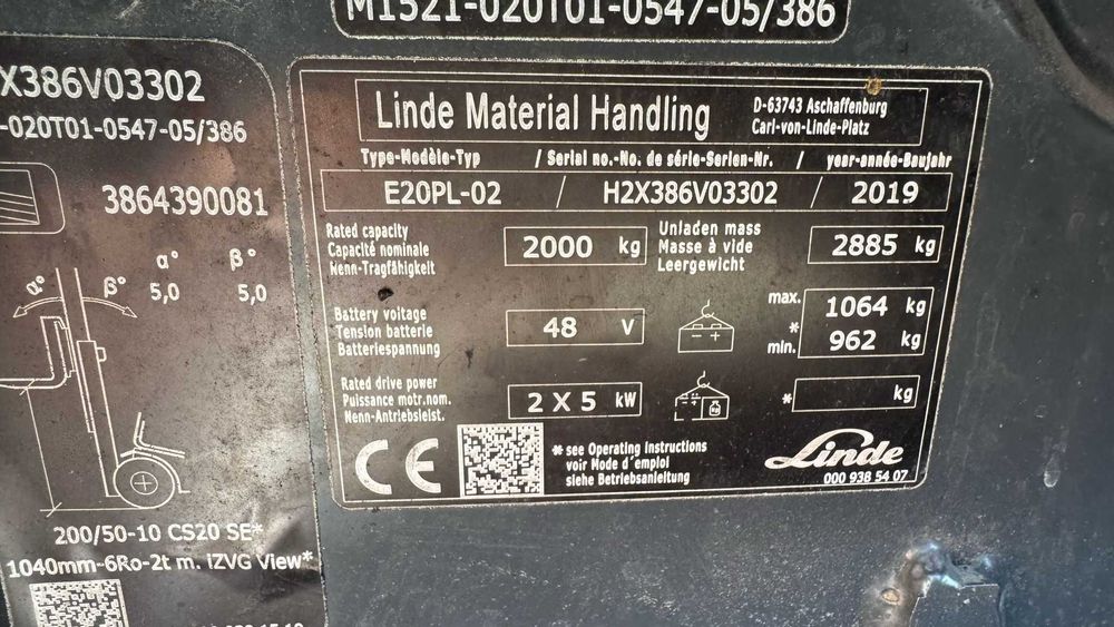 Wózek widłowy Linde E20PL 2019 rok Triplex 3650 godzin