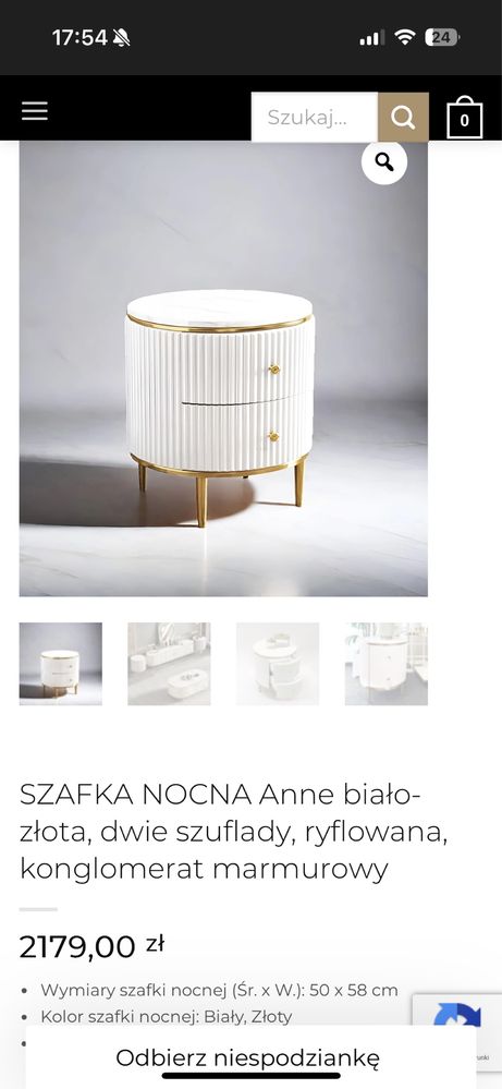 Szafka nocna Anne biało- złota, ryflowana, konglomerat marmurowy