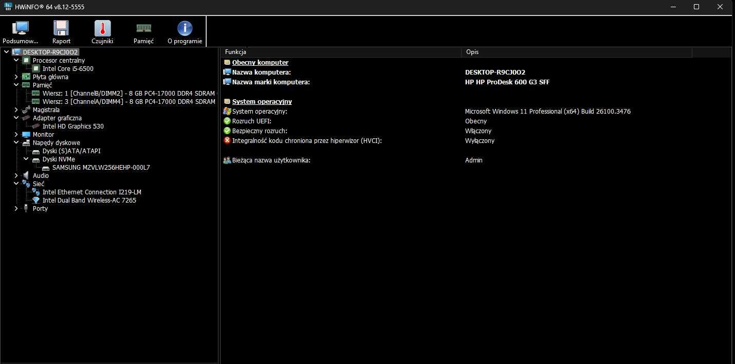 HP ProDesk 600 G3 SFF/SSD NVMe 256GB/i5-6500/DDR4 16GB/WiFi+BT/Win11