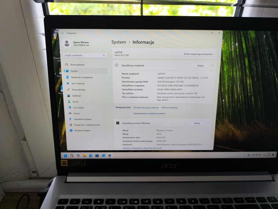 Acer A515-54G 8/256 laptop z kartą graficzną 2 Gb