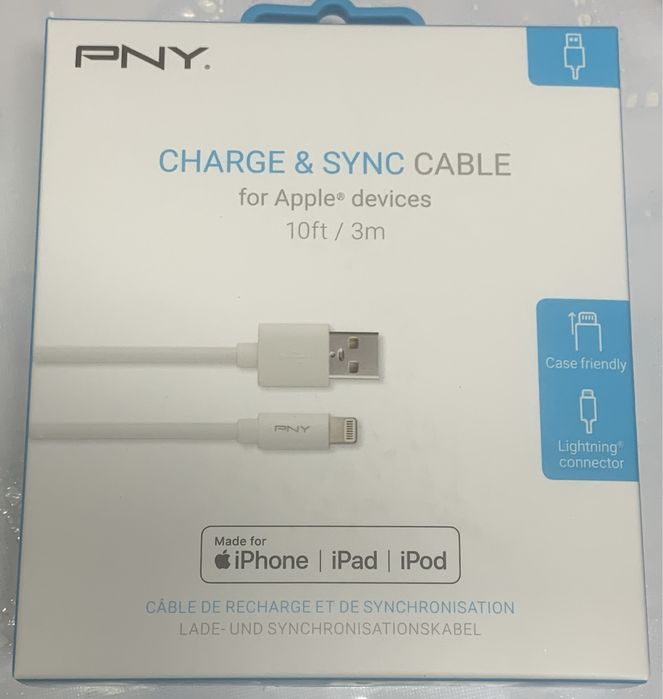 PNY USB Lightning Cable, White, 3 M64286583555586120