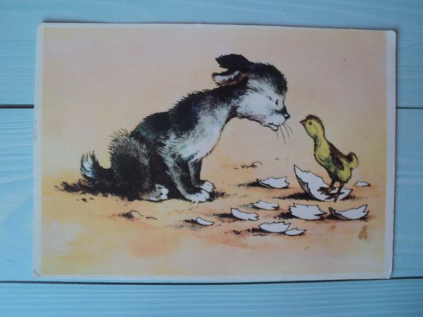 редкая открытка СССР Щенок Собака Цыпленок Воробей Птица Карлов 1958