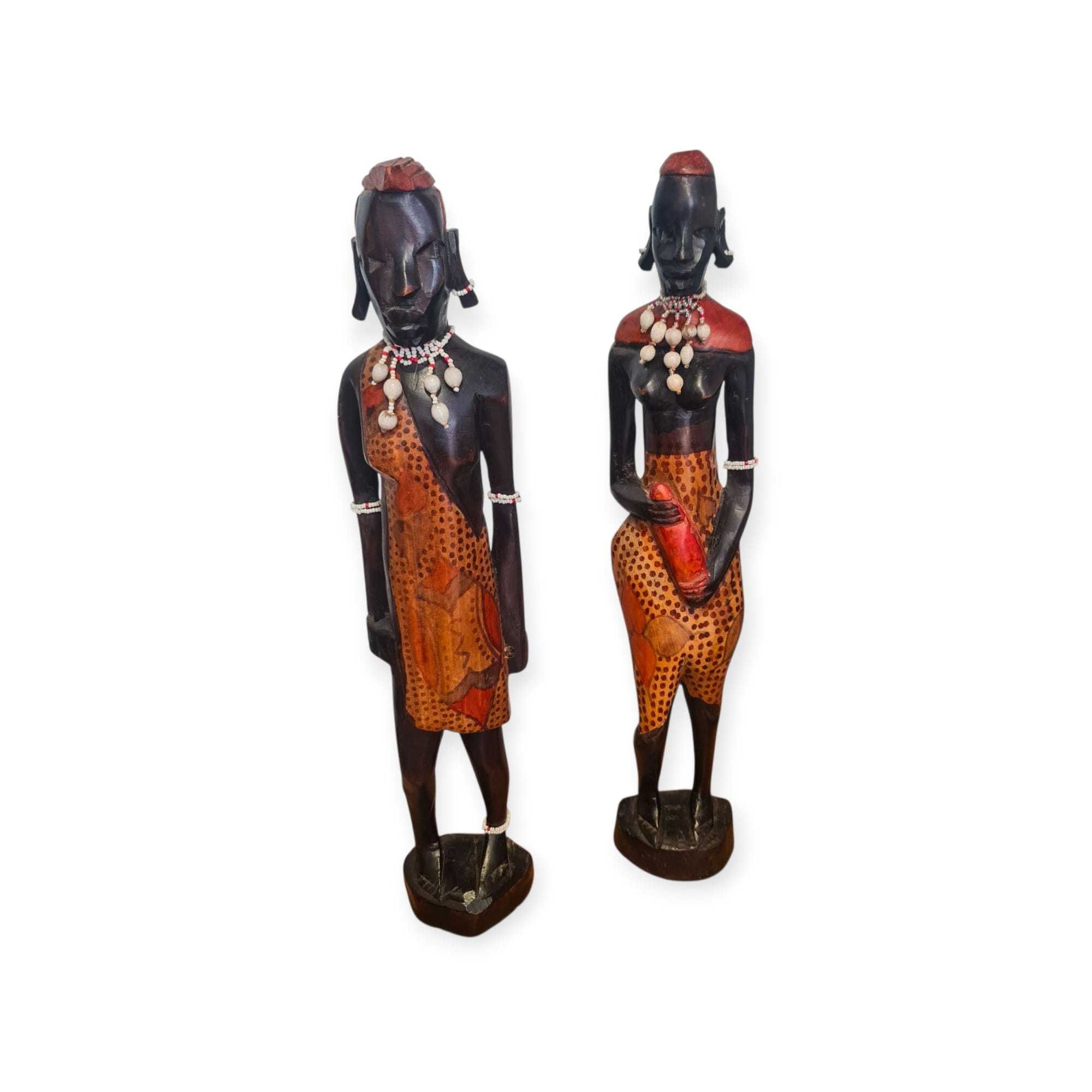 Par Estatuetas Africanas Madeira Pintada – 46 cm