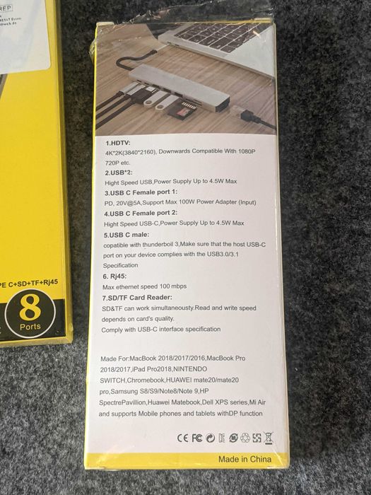 Док-станция 8-in-1 Type-C (HDMI/USBx2/RJ45/TypeC DATA/TypeC PD/SD/mSD)