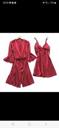 Nowy komplet damski piżama damska bielizna nocna satynowa czerwona 38