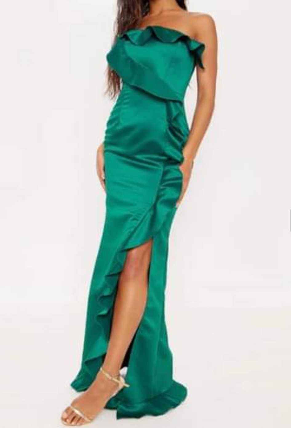 Sukienka XS/34 - Pretty Little Thing Emerald Green Satin Frill