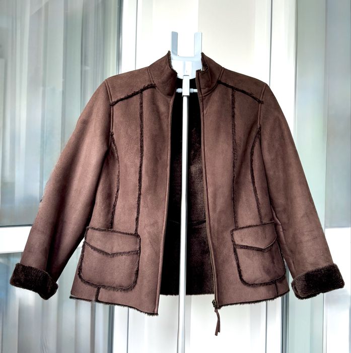 Дублянка жіноча з штучної замші та хутра шоколадного кольору на змійці