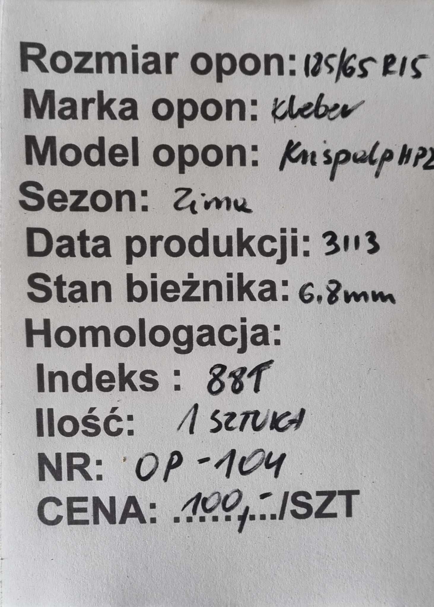 185/65R15 Kleber Krispalp HP2 Zima 1 sztuka