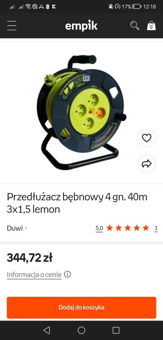 Przedłużacz bębnowy 40m 4gn  lemon duwi