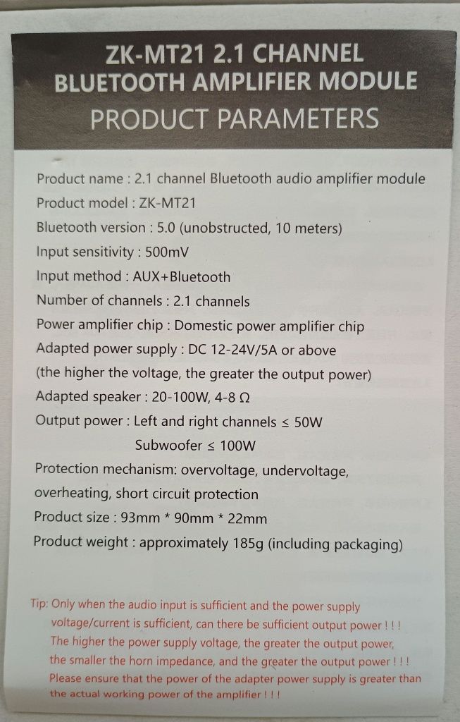 Moduł wzmacniacza mocy stereo 2.1 AUX bluetooth Jack ZK mt21 50w 100w