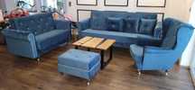 Sofa rozkładana Komplet Dwu i Trzy osob. Fotel Uszak podnóżek Glamour