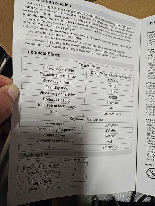 Retekess TD158 System Przywoływania Klienta 10 Pagerów Restauracja Bar